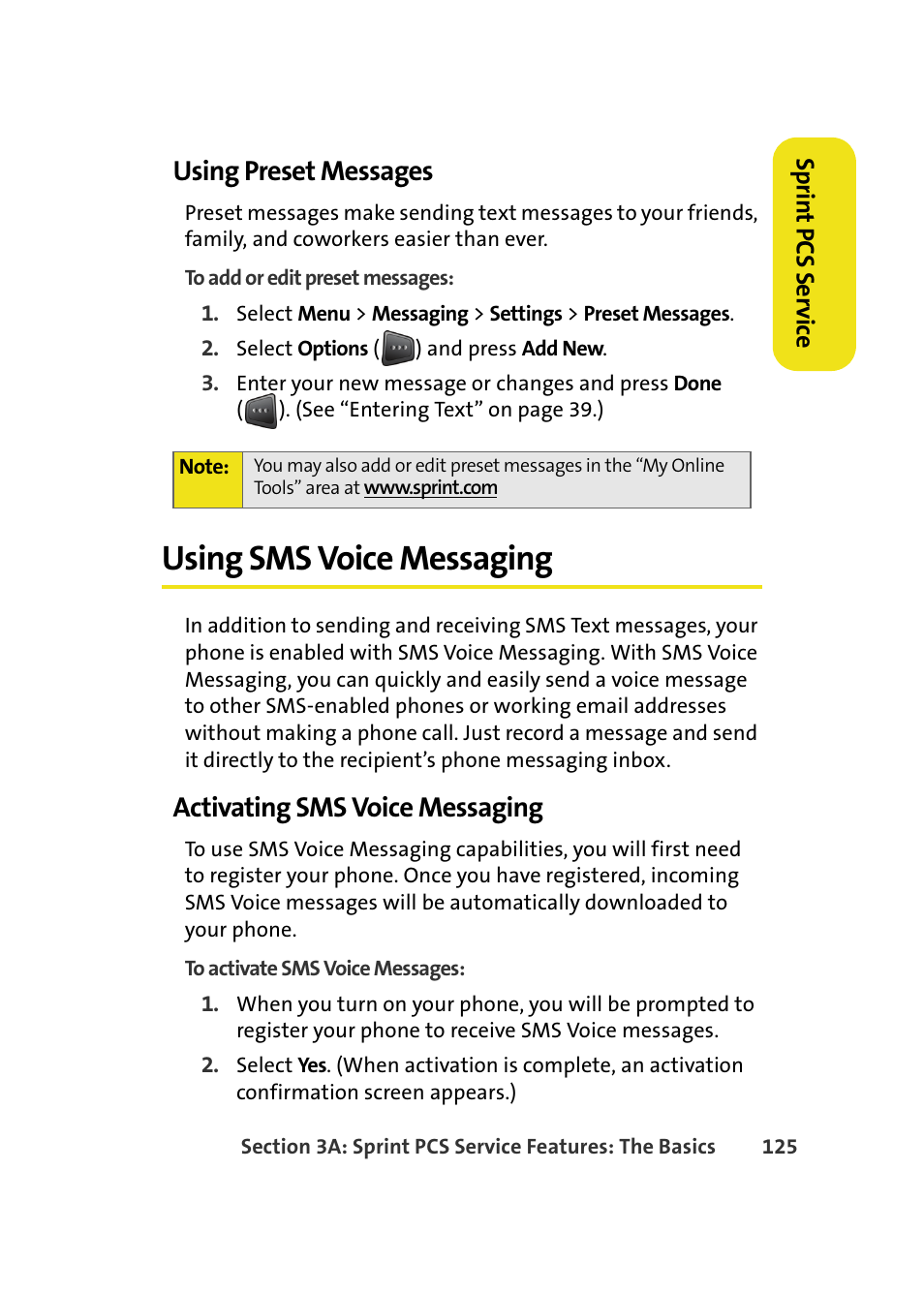Using preset messages, Using sms voice messaging, Activating sms voice messaging | Samsung A580 User Manual | Page 143 / 197