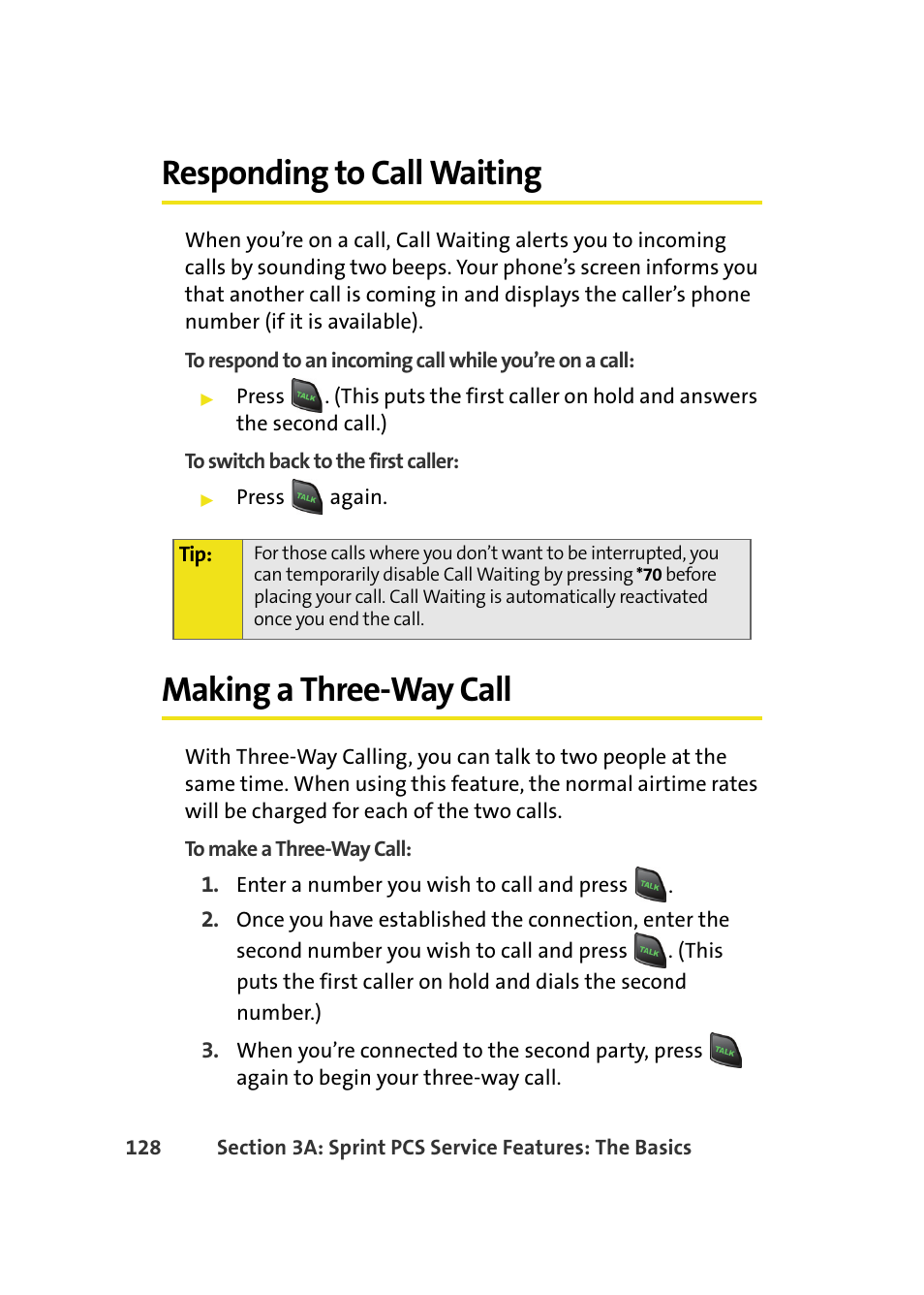 Responding to call waiting, Making a three-way call | Samsung A580 User Manual | Page 146 / 197