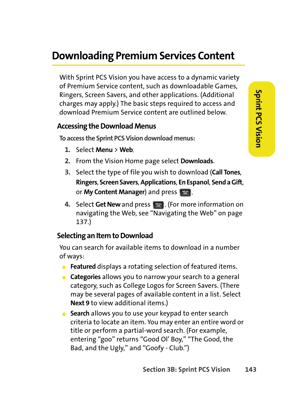 Downloading premium services content, Spr in t pcs v ision | Samsung A580 User Manual | Page 161 / 197