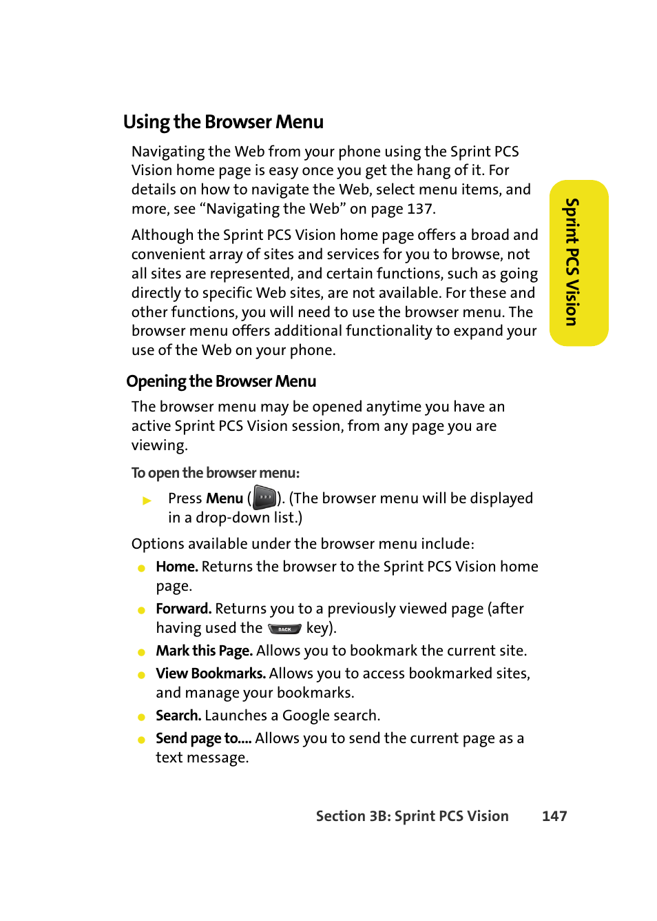 Using the browser menu, Spr in t pcs v ision, Opening the browser menu | Samsung A580 User Manual | Page 165 / 197