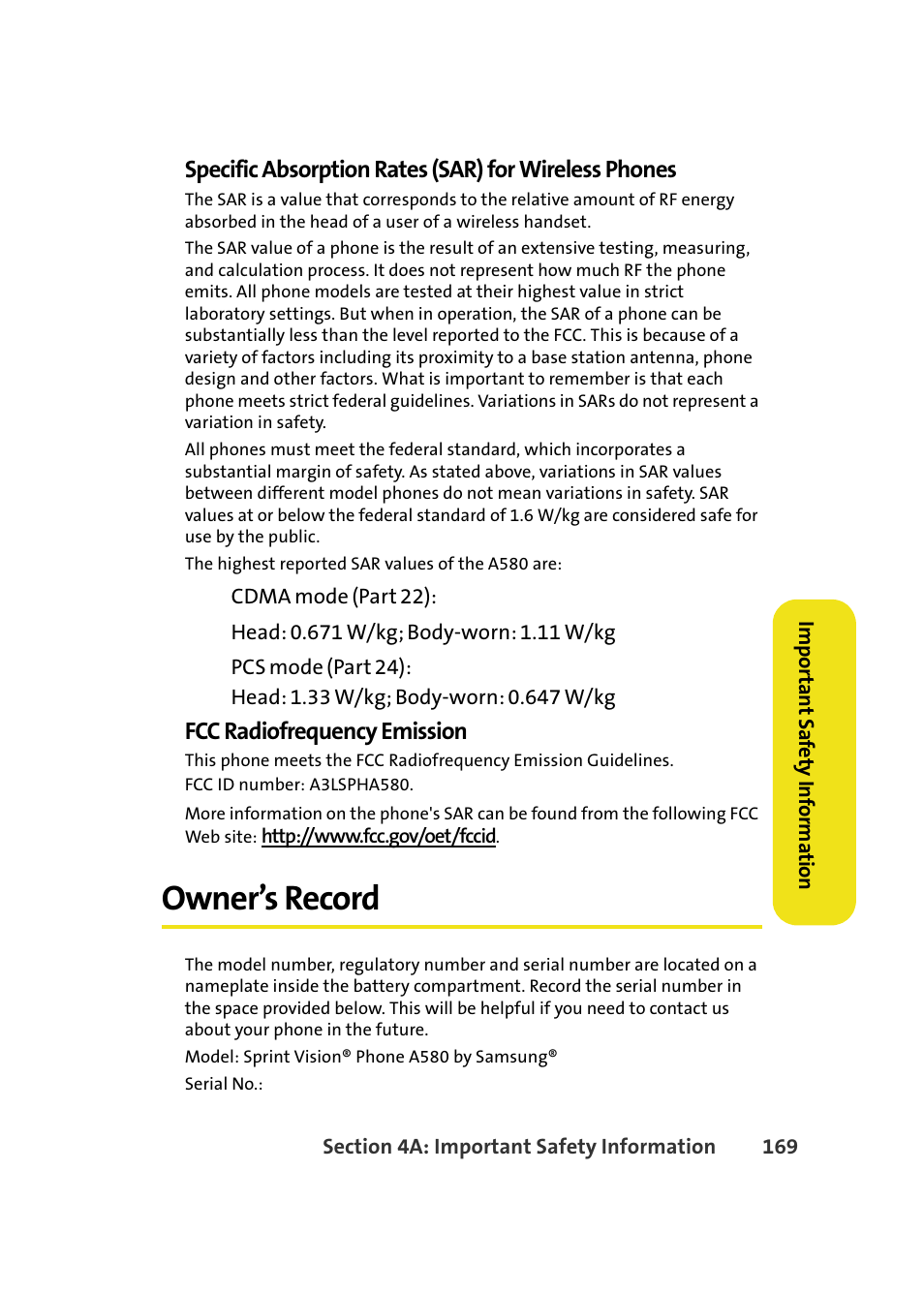 Owner’s record, Fcc radiofrequency emission | Samsung A580 User Manual | Page 187 / 197