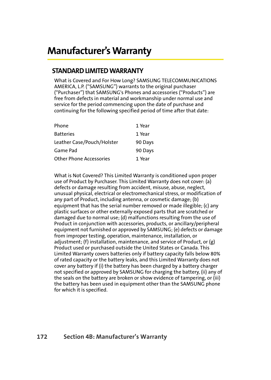 Manufacturer’s warranty, Standard limited warranty | Samsung A580 User Manual | Page 190 / 197