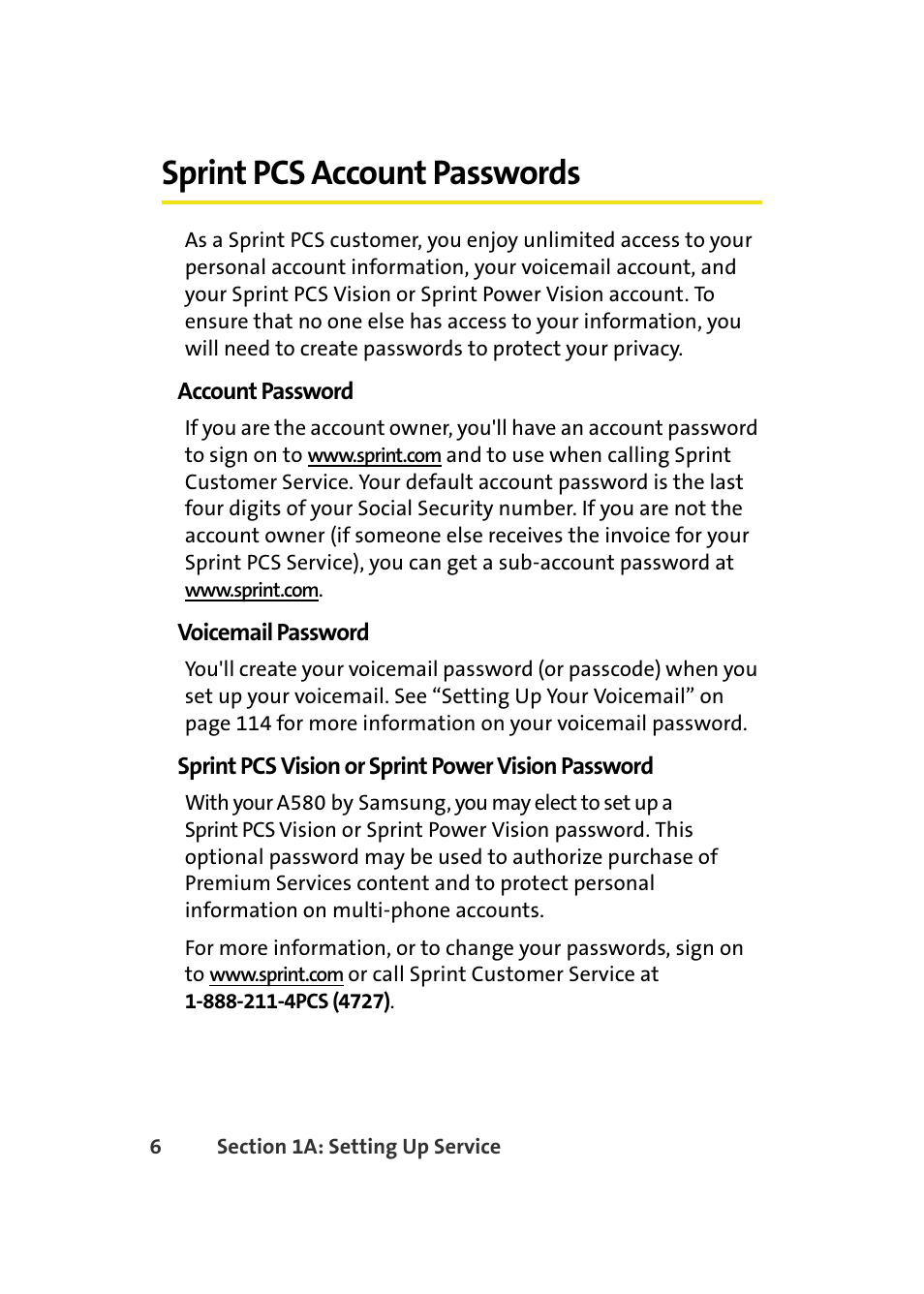 Sprint pcs account passwords | Samsung A580 User Manual | Page 24 / 197