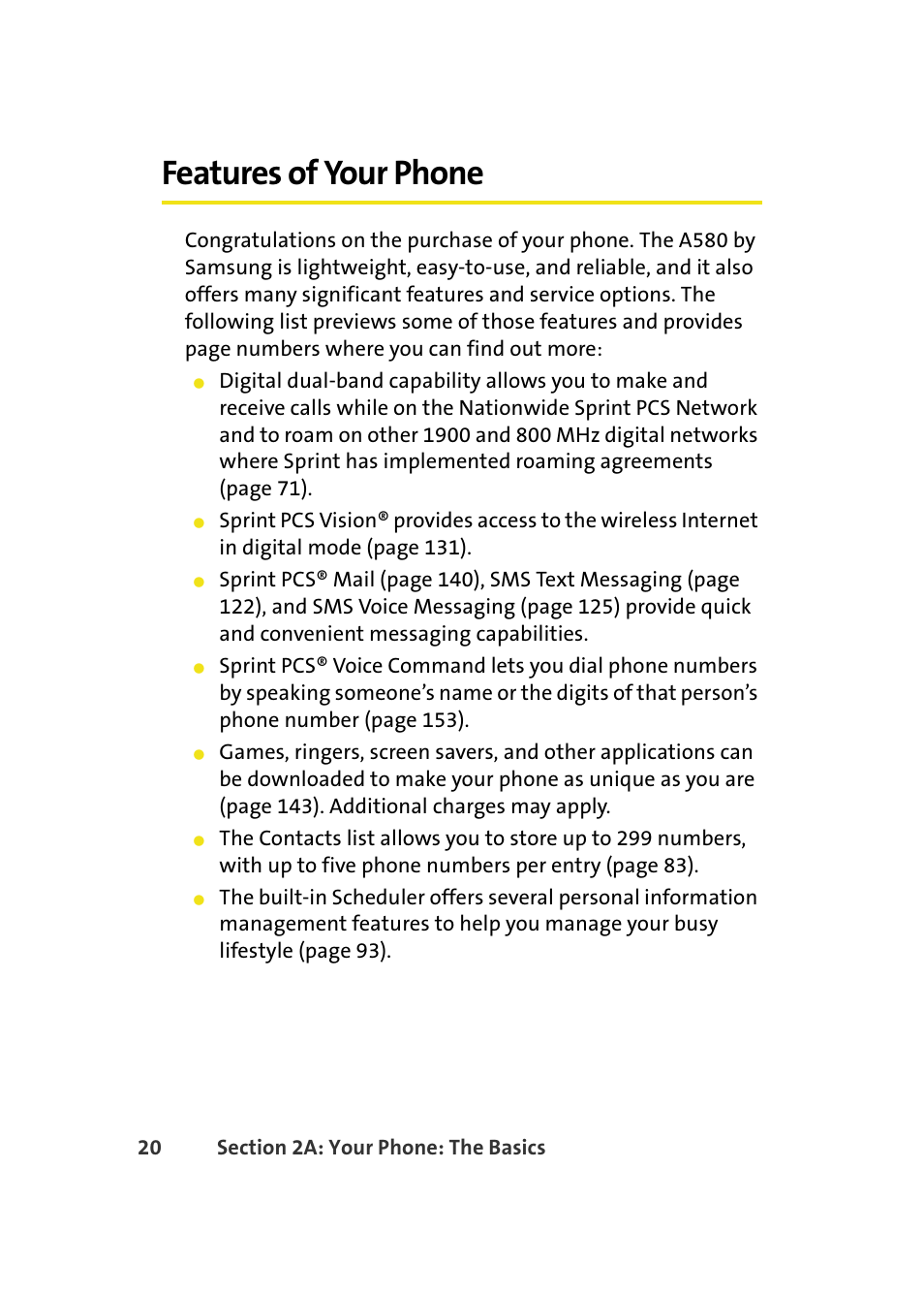 Features of your phone | Samsung A580 User Manual | Page 38 / 197
