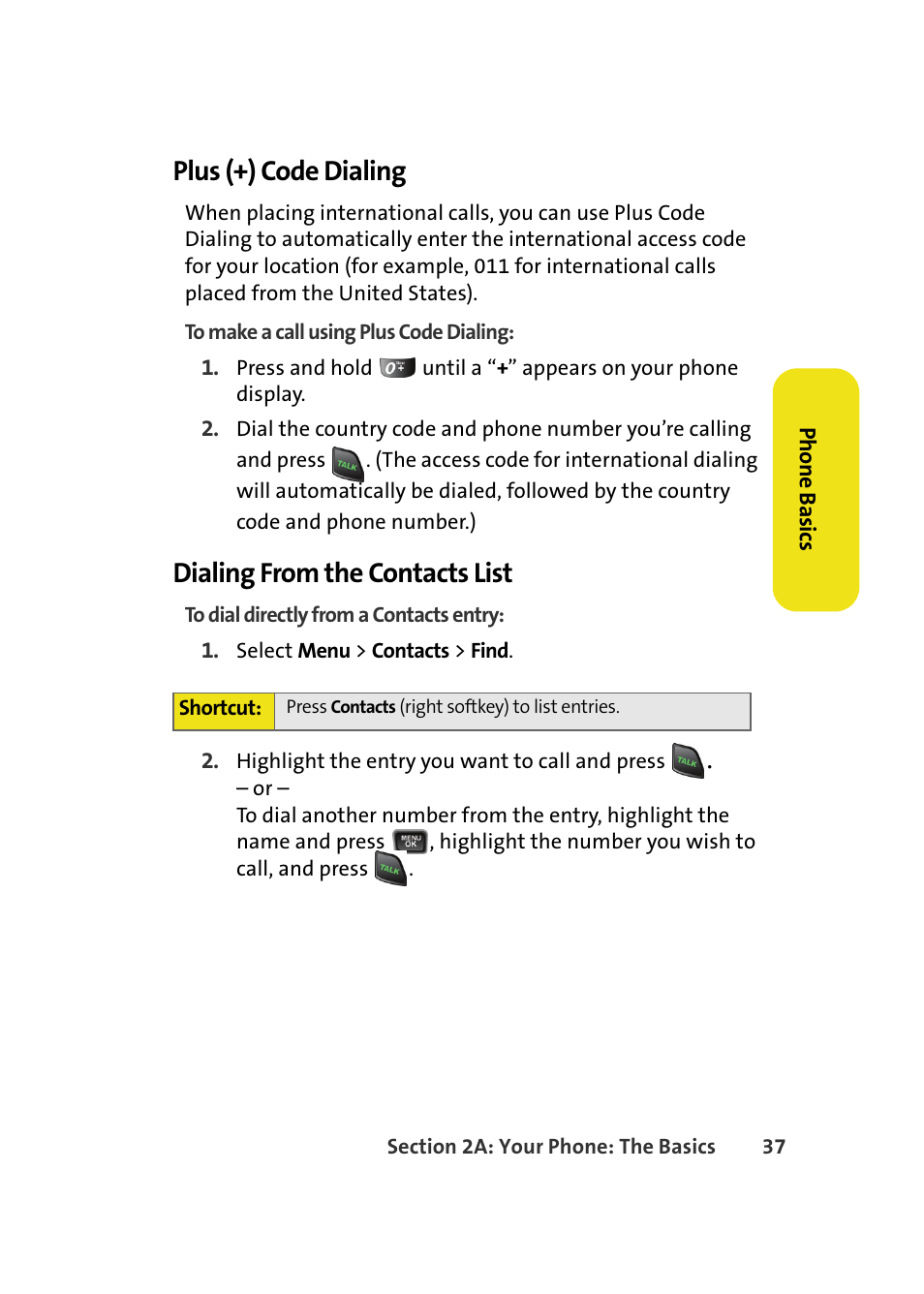 Plus (+) code dialing, Dialing from the contacts list | Samsung A580 User Manual | Page 55 / 197