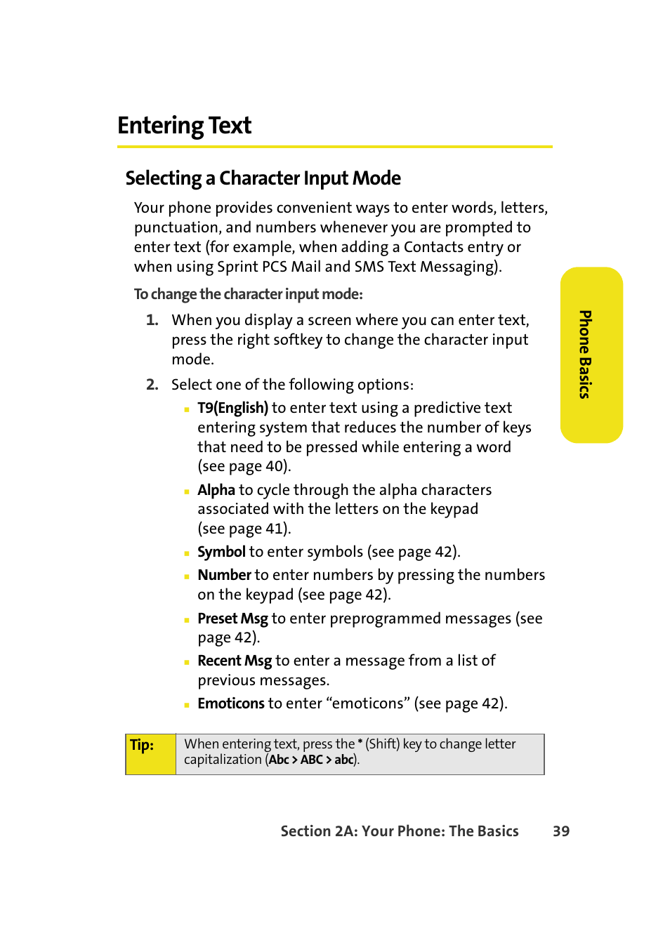 Entering text, Selecting a character input mode | Samsung A580 User Manual | Page 57 / 197