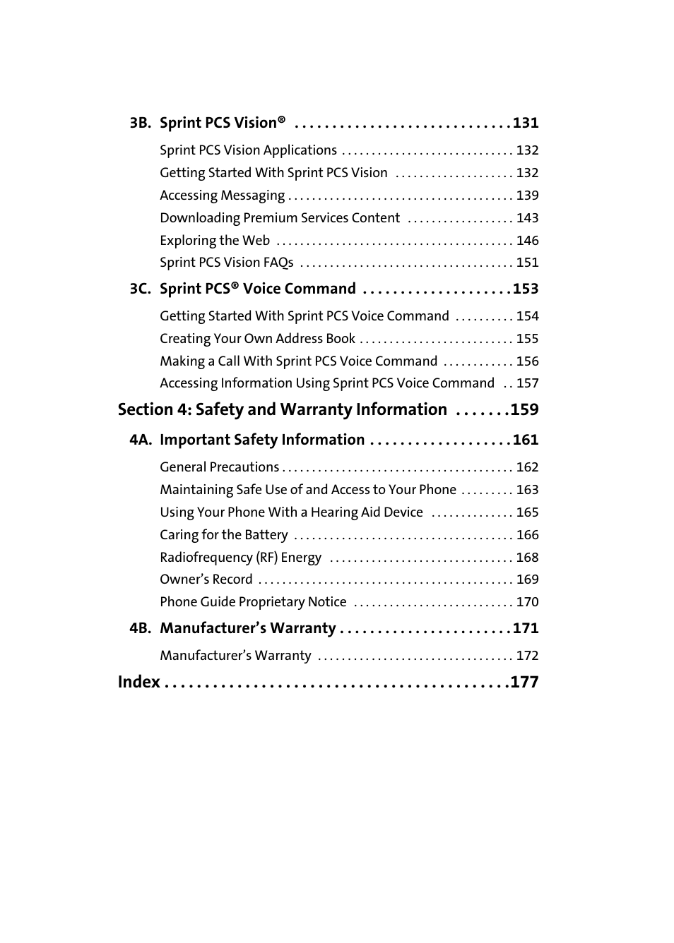 3b. sprint pcs vision® 131, 3c. sprint pcs® voice command 153, Section 4: safety and warranty information 159 | 4a. important safety information 161, 4b. manufacturer’s warranty 171, Index | Samsung A580 User Manual | Page 6 / 197