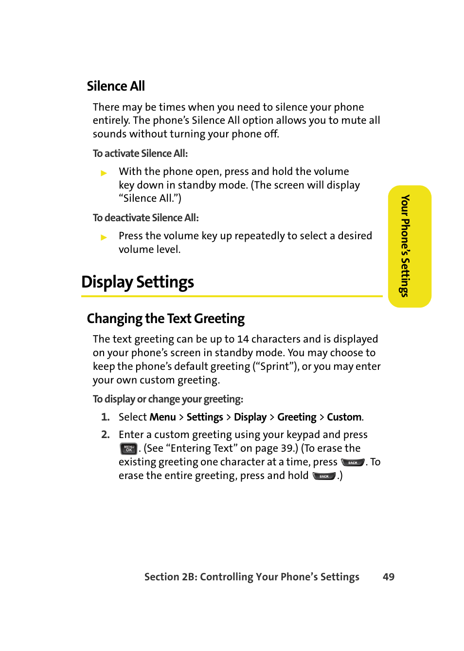 Silence all, Display settings, Changing the text greeting | Samsung A580 User Manual | Page 67 / 197