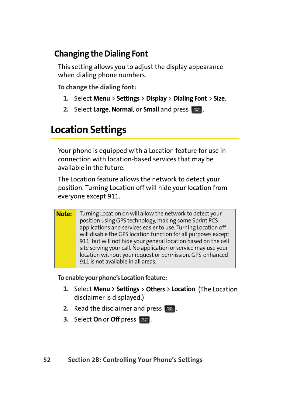 Changing the dialing font, Location settings | Samsung A580 User Manual | Page 70 / 197