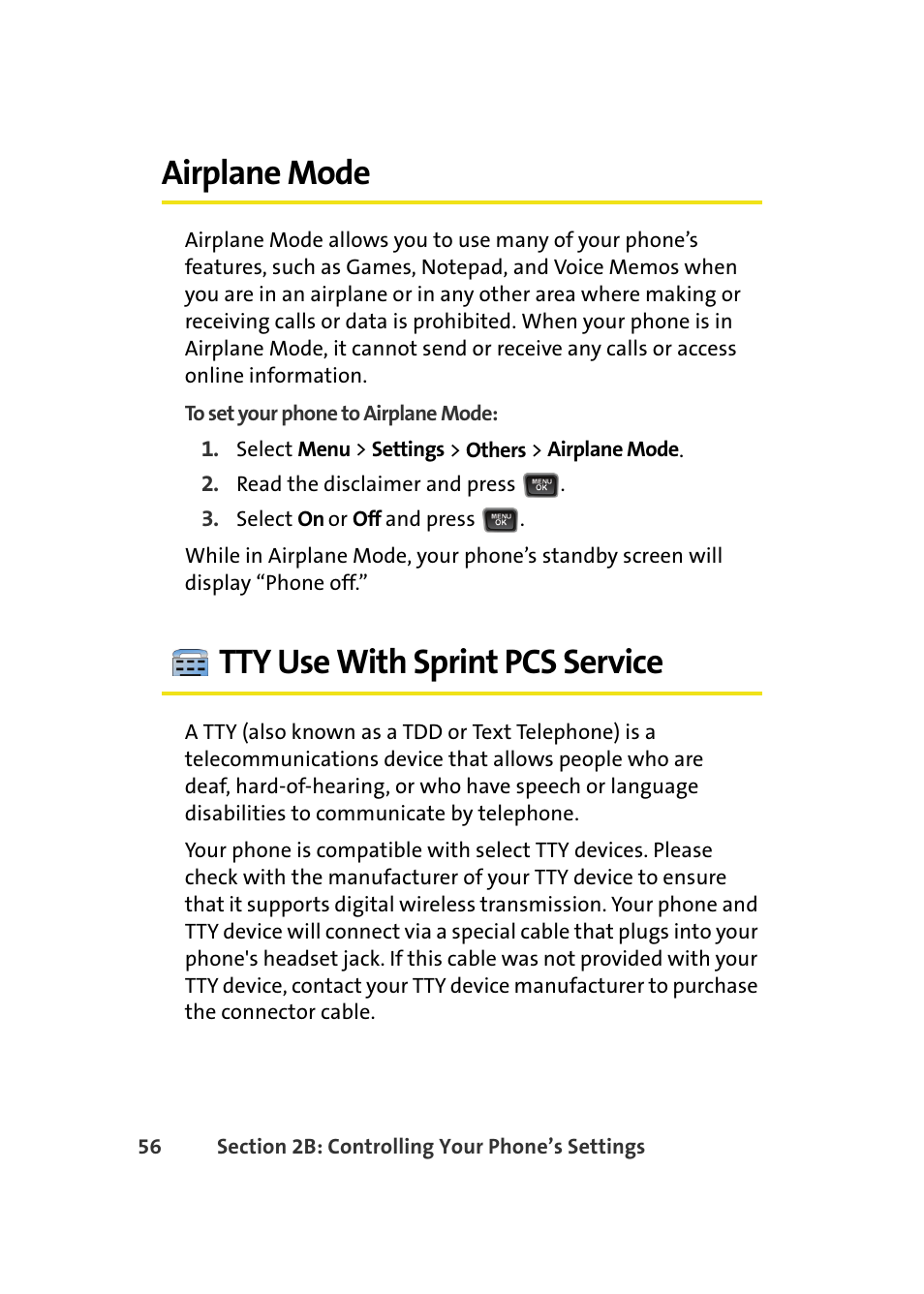 Airplane mode, Tty use with sprint pcs service | Samsung A580 User Manual | Page 74 / 197