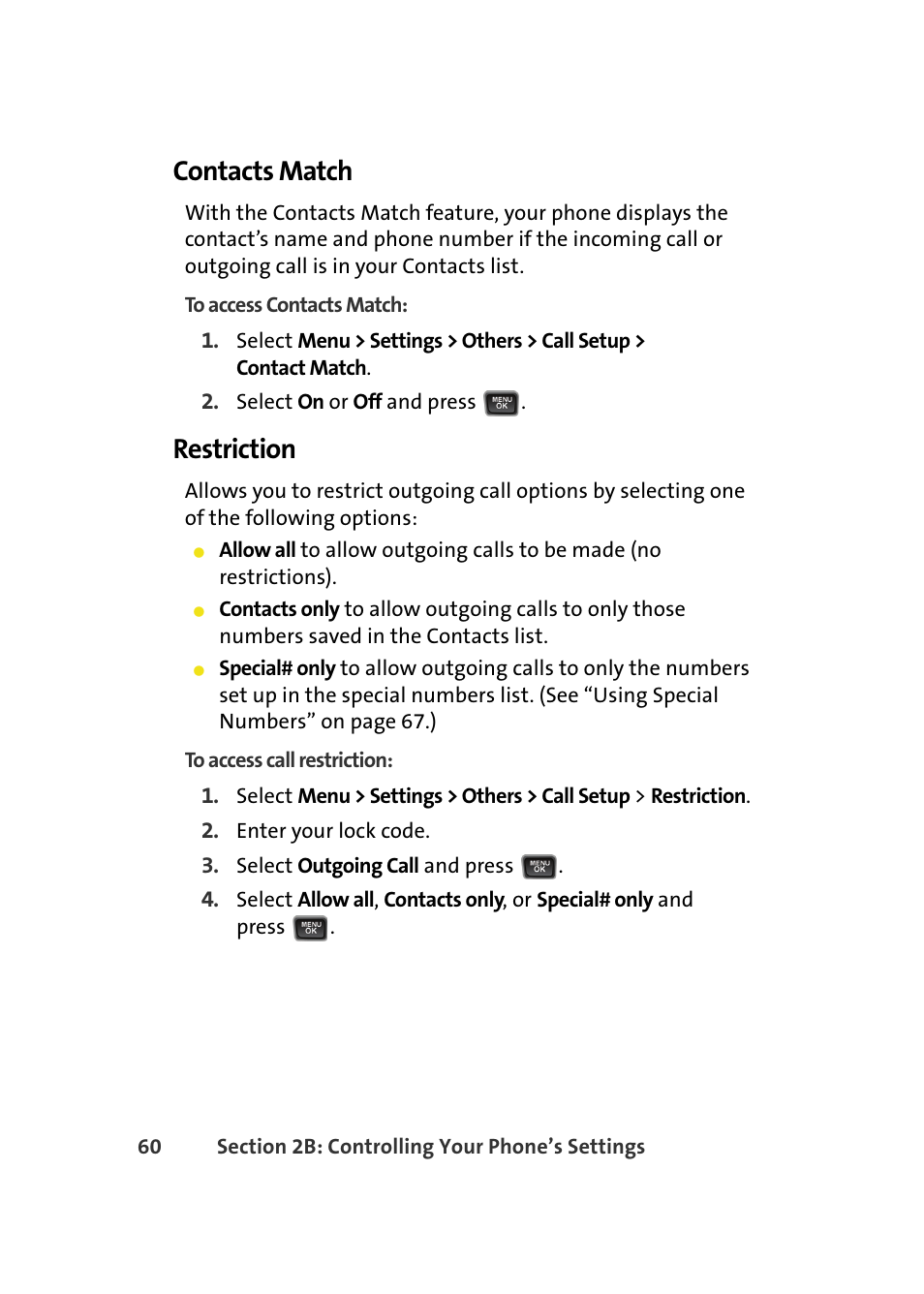 Contacts match, Restriction | Samsung A580 User Manual | Page 78 / 197