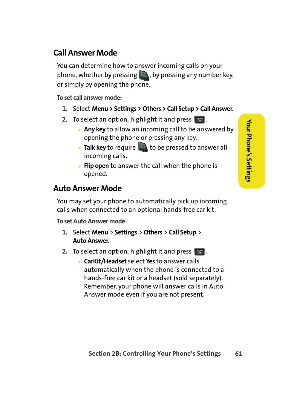 Call answer mode, Auto answer mode | Samsung A580 User Manual | Page 79 / 197