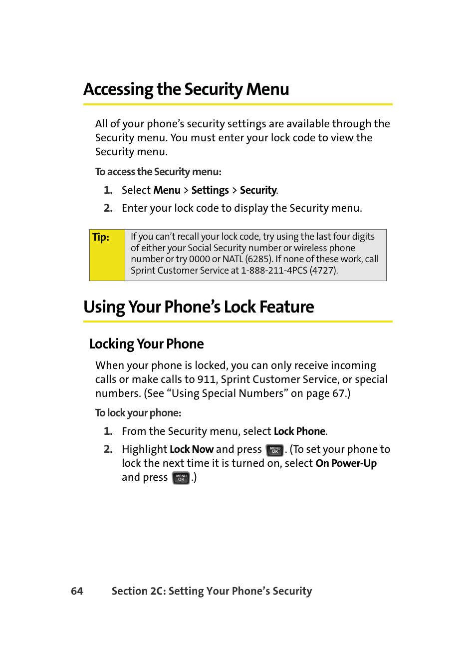 Accessing the security menu, Using your phone’s lock feature, Locking your phone | Samsung A580 User Manual | Page 82 / 197