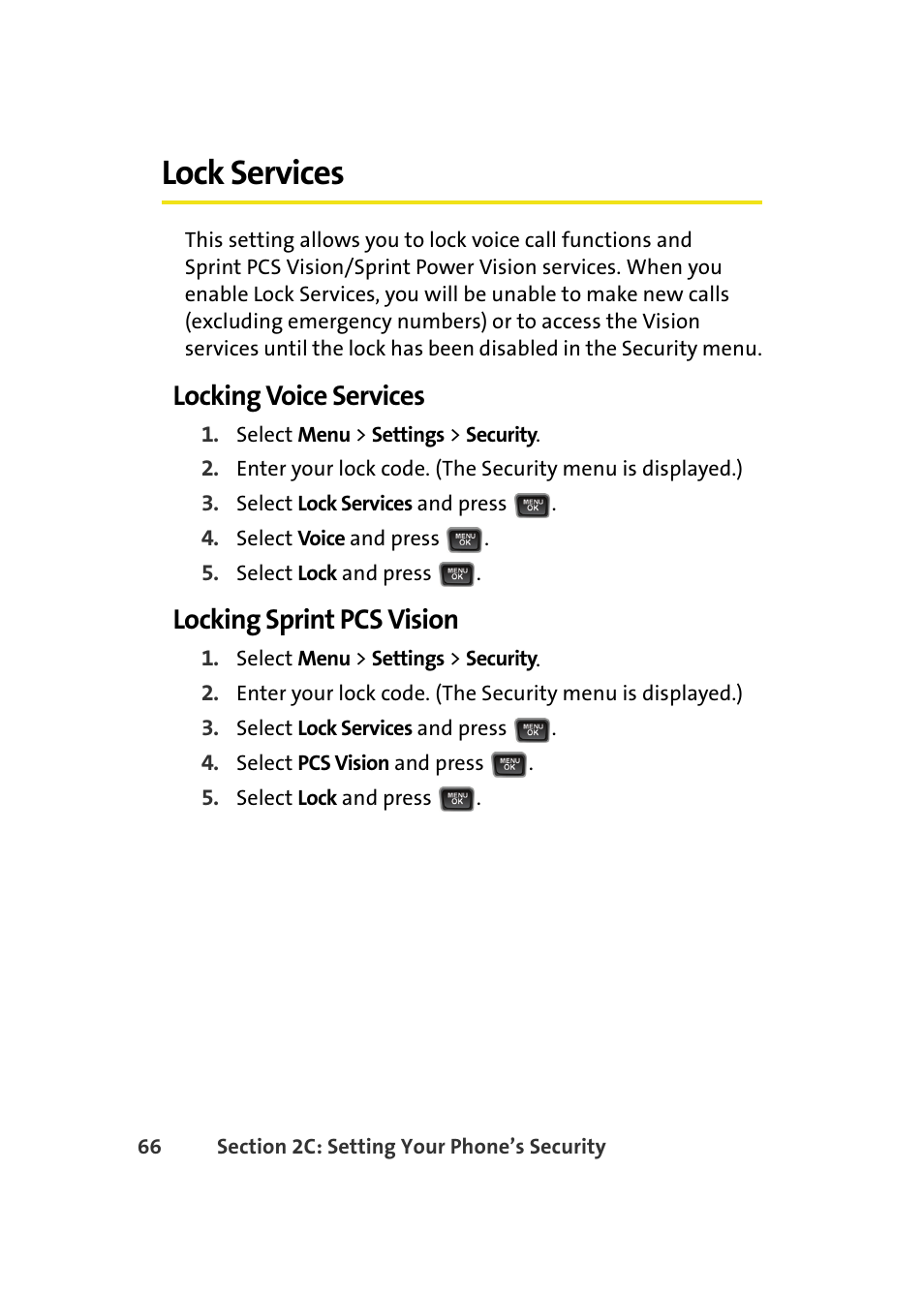 Lock services, Locking voice services, Locking sprint pcs vision | Samsung A580 User Manual | Page 84 / 197