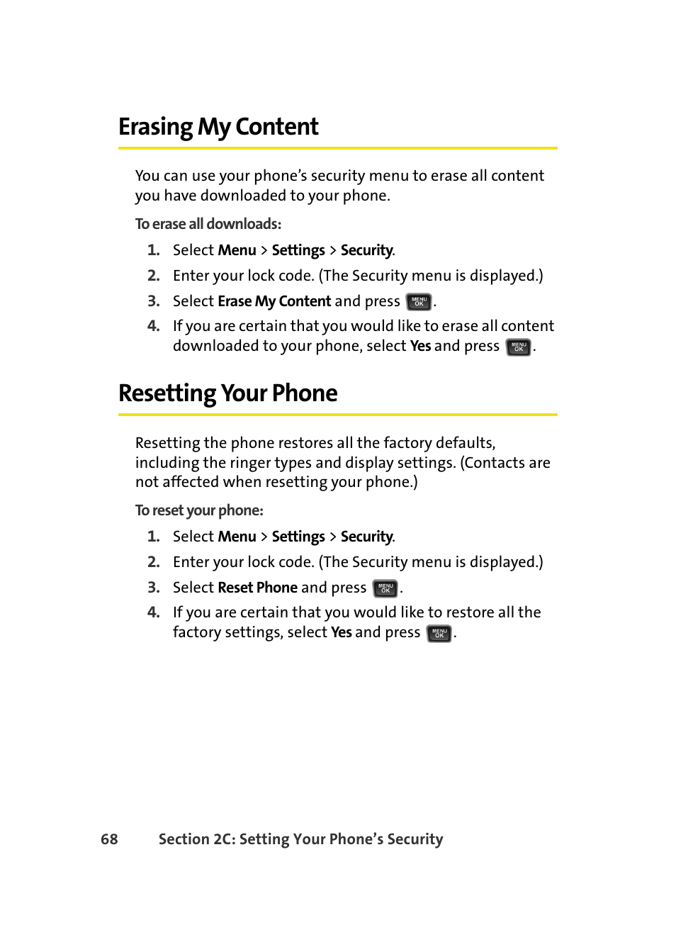 Erasing my content, Resetting your phone | Samsung A580 User Manual | Page 86 / 197