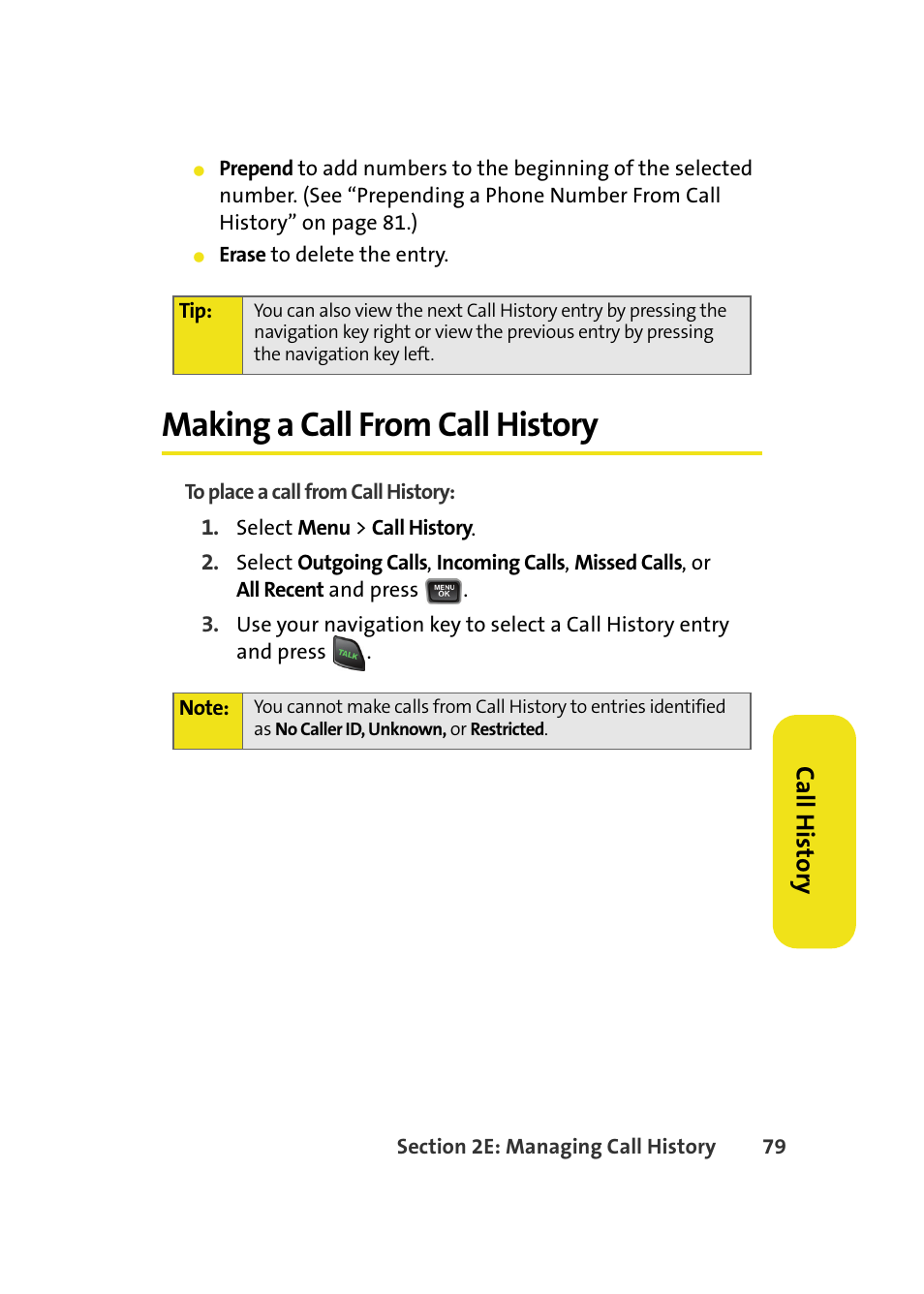 Making a call from call history, Ca ll his tor y | Samsung A580 User Manual | Page 97 / 197