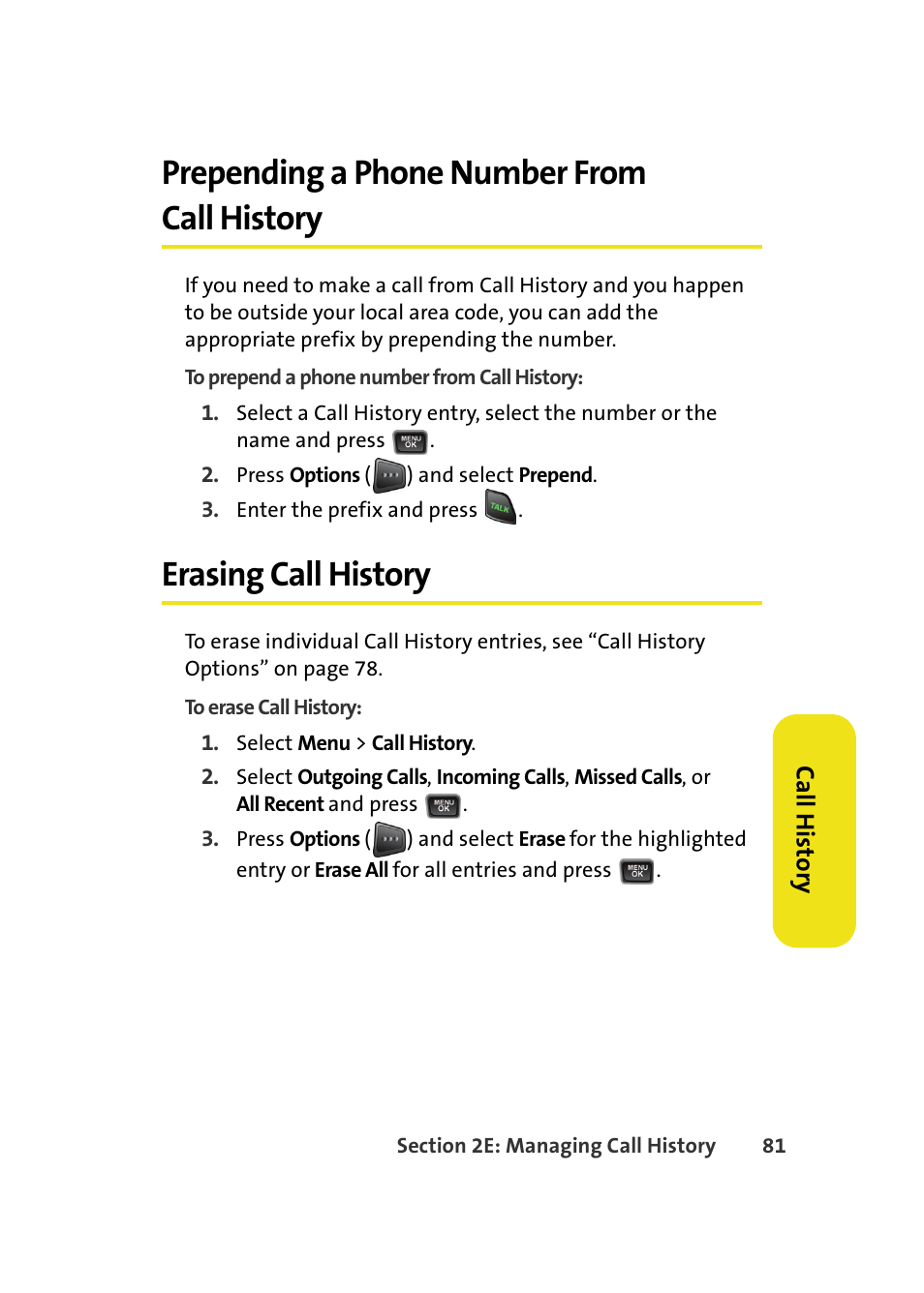 Prepending a phone number from call history, Erasing call history | Samsung A580 User Manual | Page 99 / 197