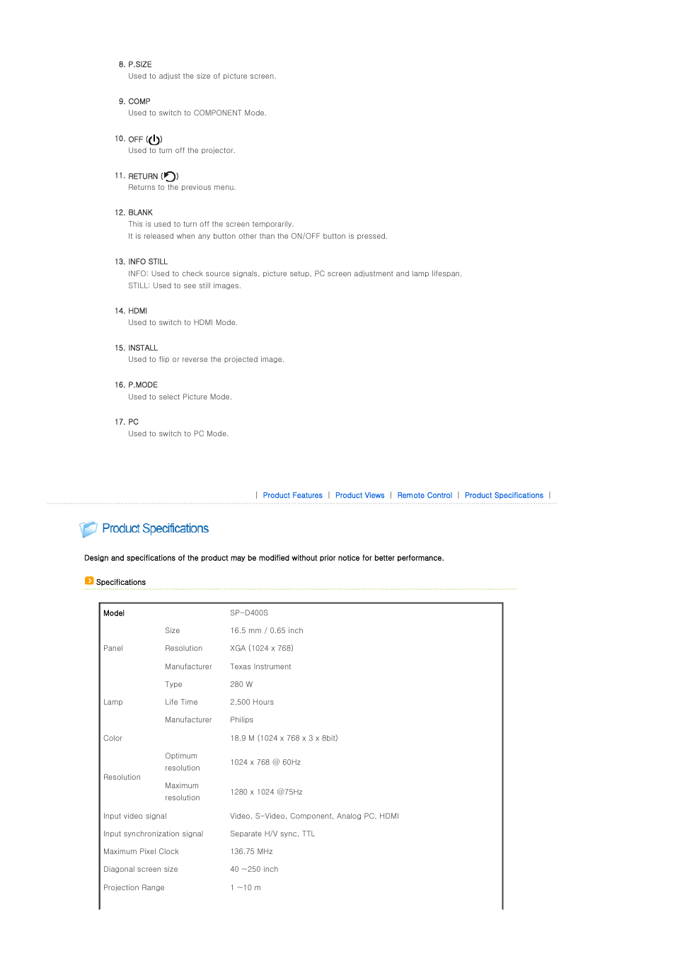 Samsung SP-D400S User Manual | Page 13 / 38