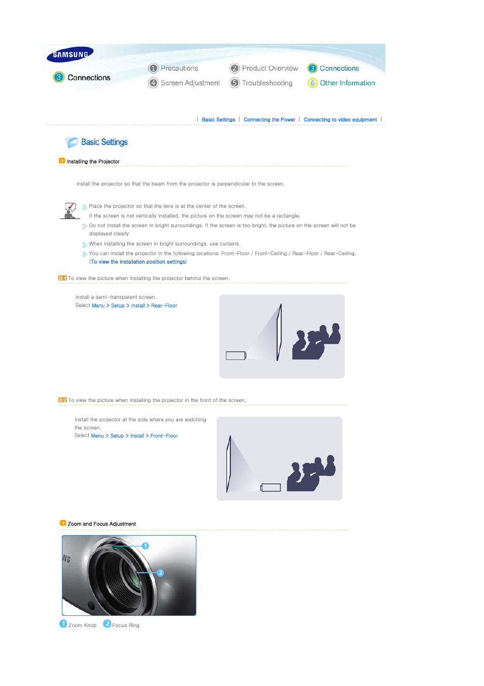 Connections, Basic settings | Samsung SP-D400S User Manual | Page 17 / 38