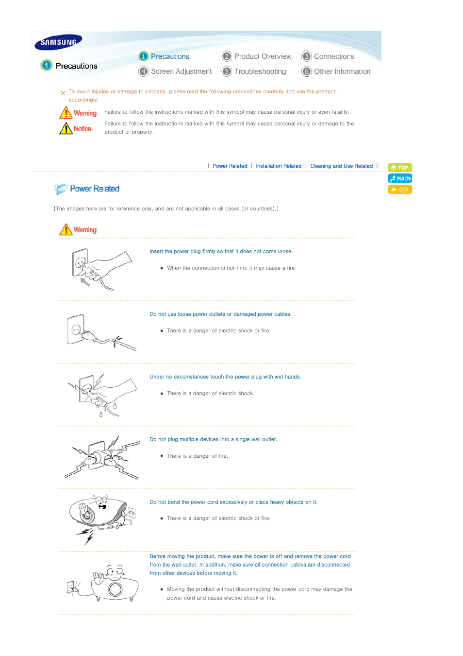 Precautions, Power related | Samsung SP-D400S User Manual | Page 2 / 38