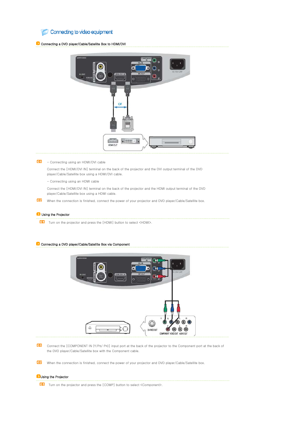 Connecting to video equipment | Samsung SP-D400S User Manual | Page 21 / 38