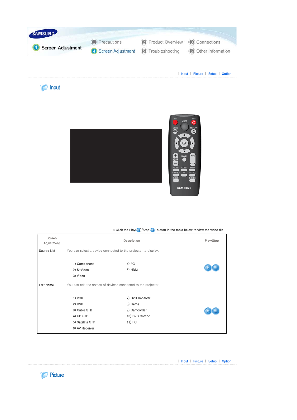 Screen adjustment, Input | Samsung SP-D400S User Manual | Page 24 / 38