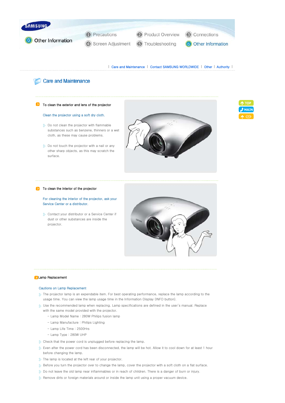 Other information, Care and maintenance | Samsung SP-D400S User Manual | Page 32 / 38