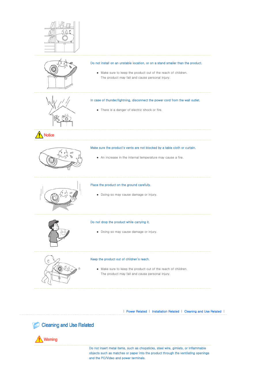 Cleaning and use related | Samsung SP-D400S User Manual | Page 4 / 38
