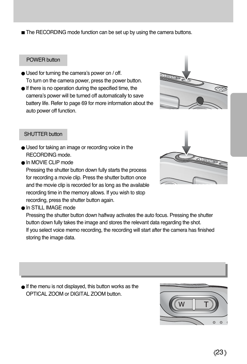 Using the camera buttons to adjust the camera, Zoom w/ t button | Samsung Digimax A4 User Manual | Page 23 / 108
