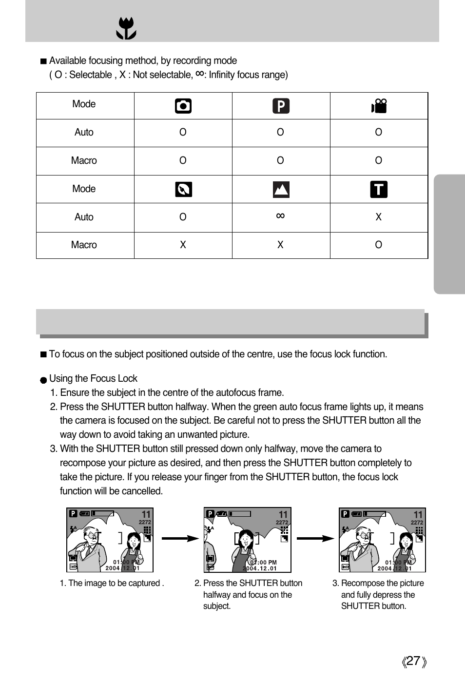 Macro( ) / down button (focusing), Focus lock | Samsung Digimax A4 User Manual | Page 27 / 108