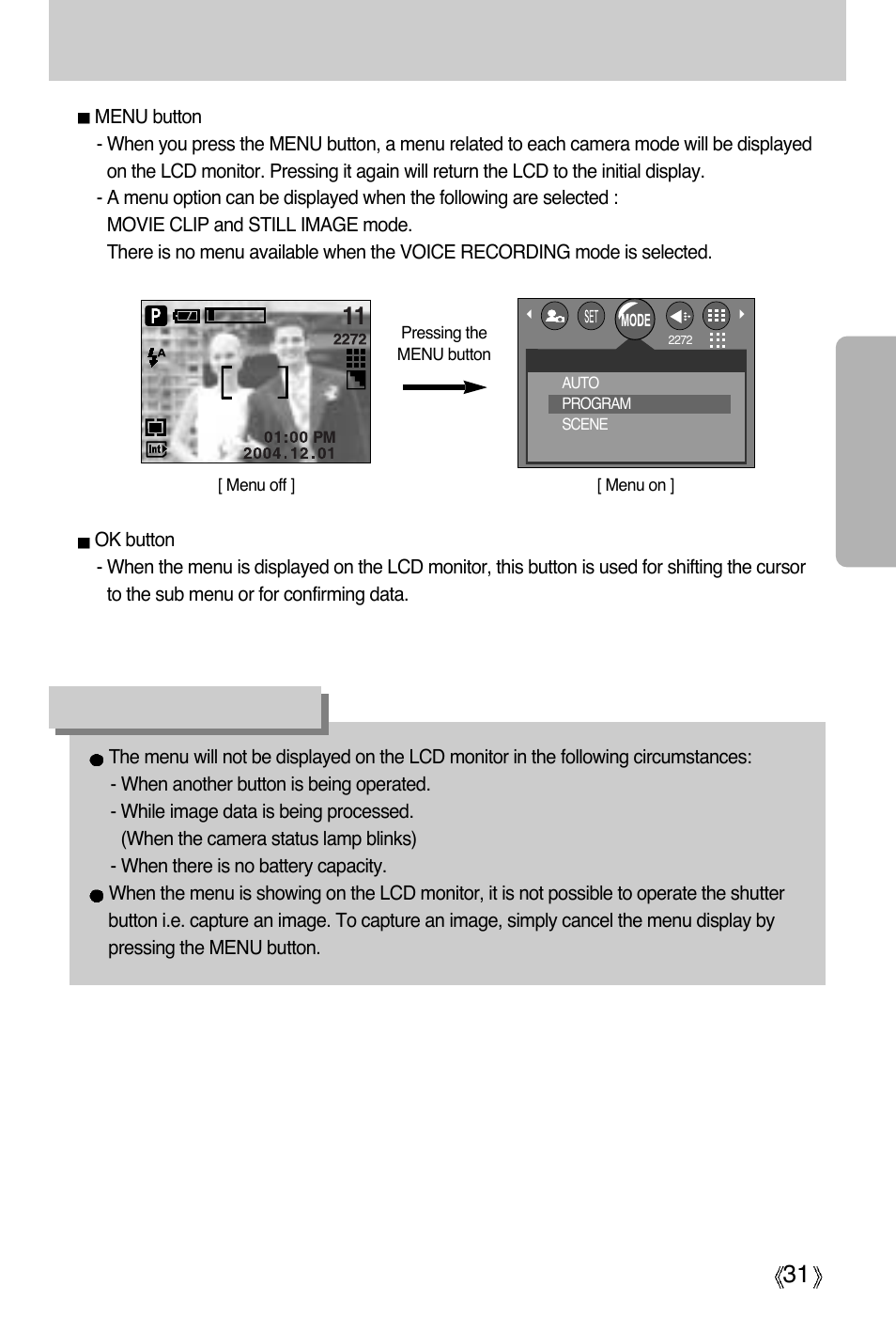 Menu/ ok button, Information | Samsung Digimax A4 User Manual | Page 31 / 108