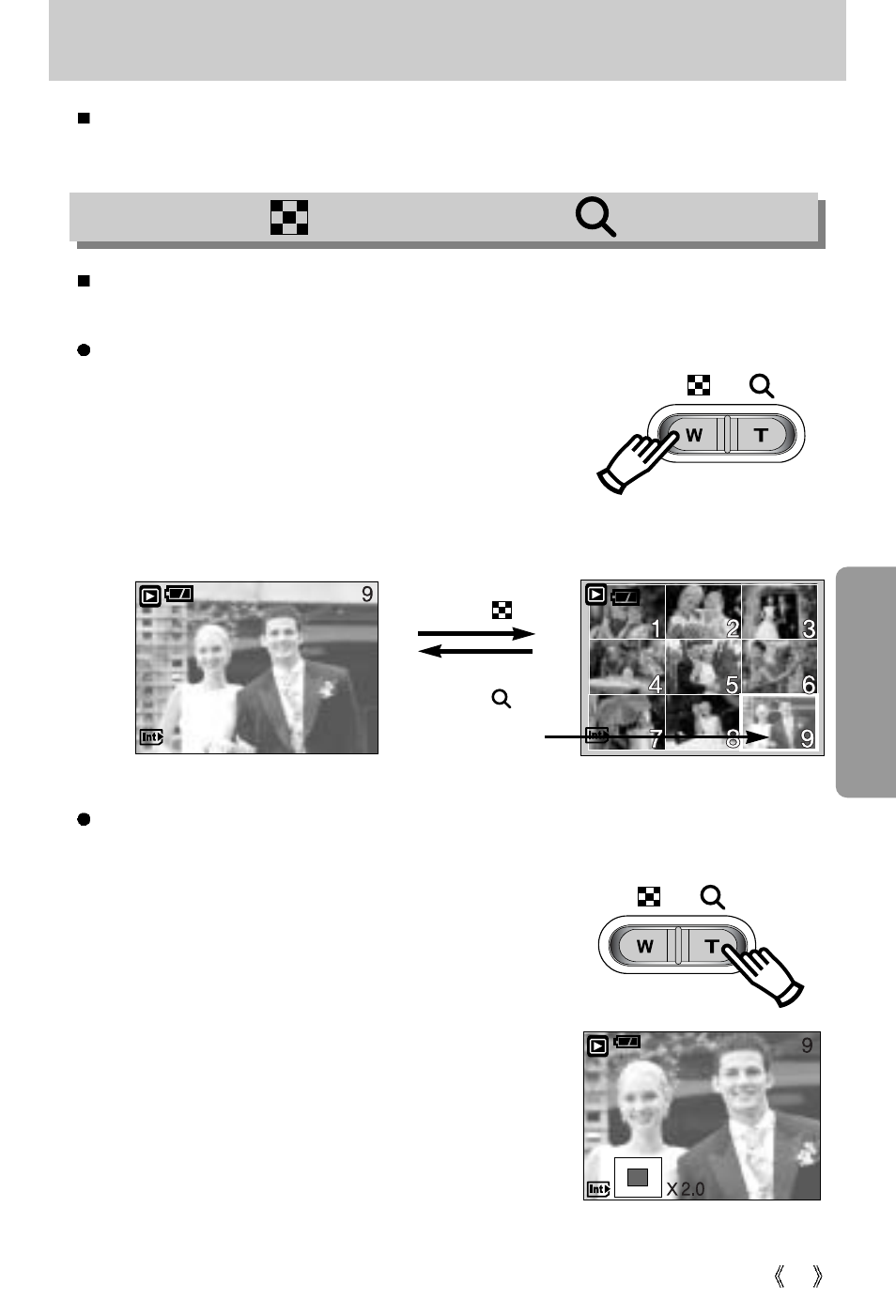 Using the camera buttons to adjust the camera, Thumbnail( ) / enlargement( ) button | Samsung Digimax A4 User Manual | Page 47 / 108