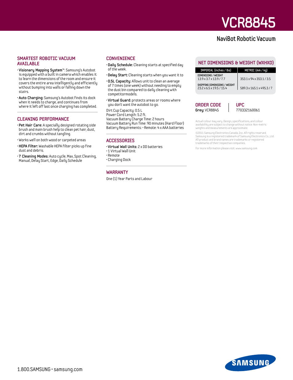 Vcr8845, Navibot robotic vacuum | Samsung VCR8845 User Manual | Page 2 / 2