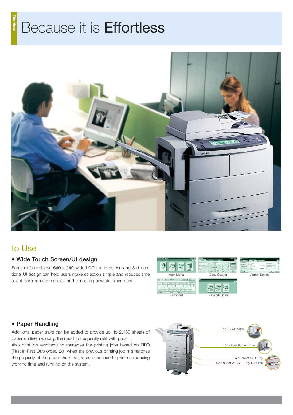 Because it is effortless, Wide touch screen/ui design, Paper handling | Samsung SCX-6345N User Manual | Page 10 / 32