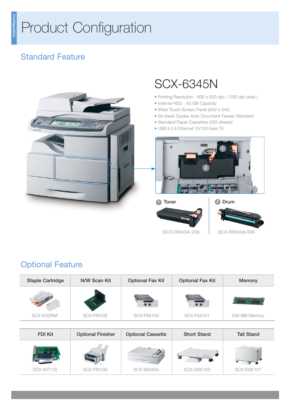 Product configuration, Scx-6345n, Standard feature optional feature | Samsung SCX-6345N User Manual | Page 6 / 32