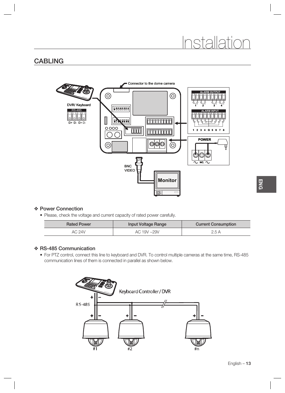 Installation, Cabling, Power connection | Rs-485 communication, Monitor | Samsung SCC-C7478 User Manual | Page 13 / 33