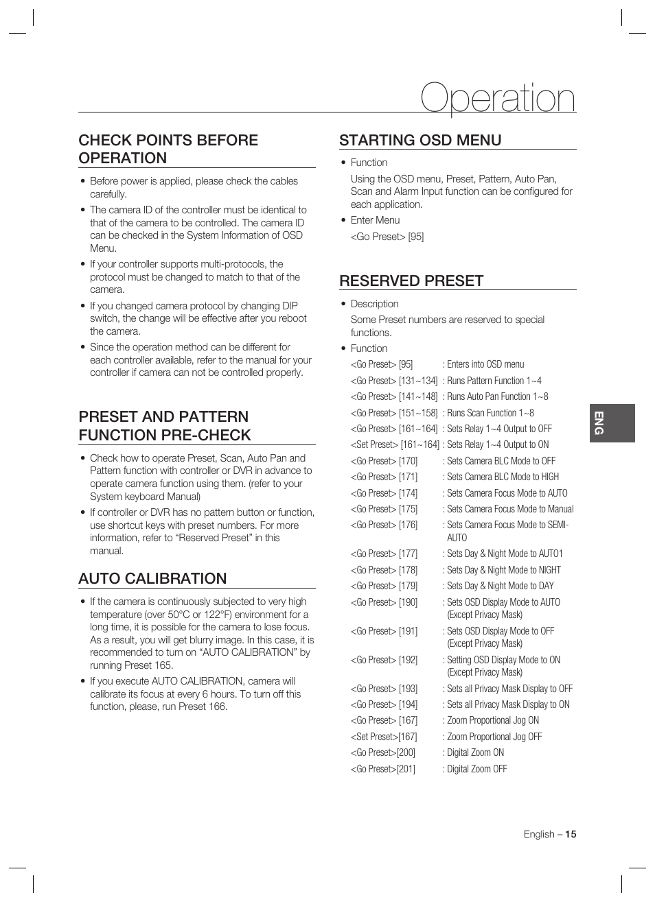 Operation, Check points before operation, Preset and pattern function pre-check | Auto calibration, Starting osd menu, Reserved preset | Samsung SCC-C7478 User Manual | Page 15 / 33