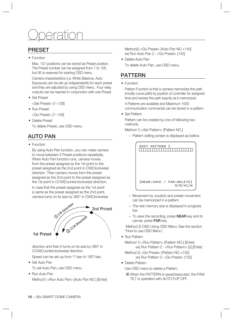 Operation, Preset, Auto pan | Pattern | Samsung SCC-C7478 User Manual | Page 16 / 33
