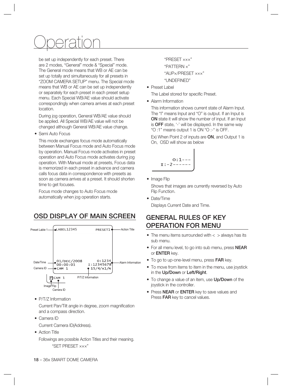 Operation, Osd display of main screen, General rules of key operation for menu | Samsung SCC-C7478 User Manual | Page 18 / 33