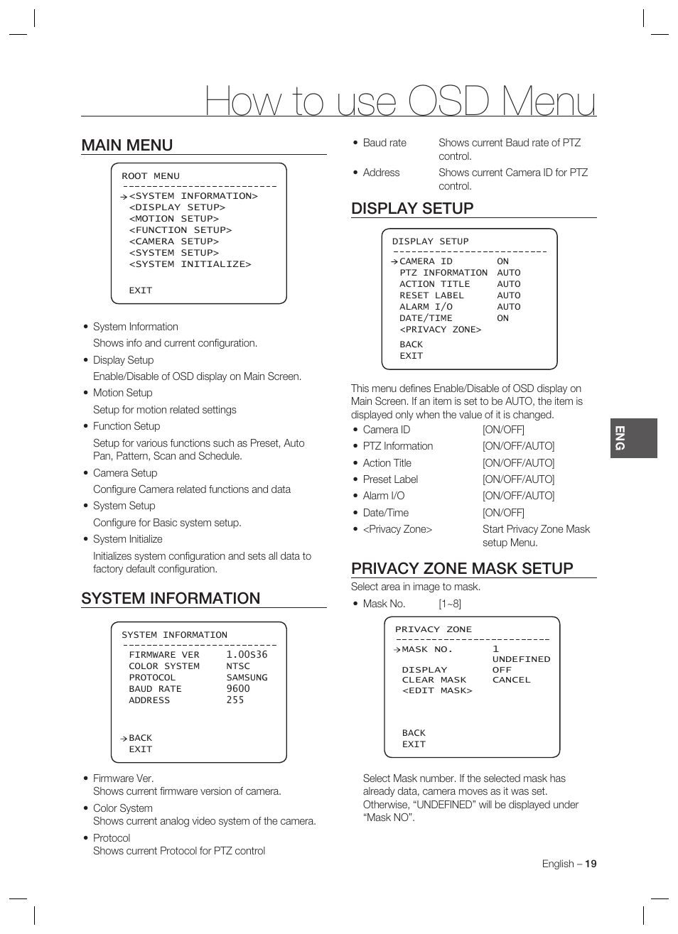 How to use osd menu, Main menu, System information | Display setup, Privacy zone mask setup | Samsung SCC-C7478 User Manual | Page 19 / 33