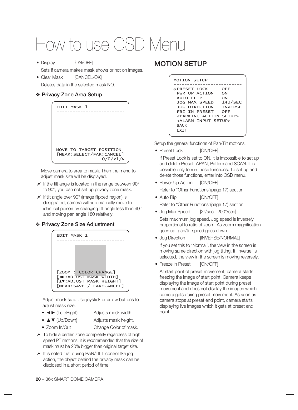 How to use osd menu, Motion setup | Samsung SCC-C7478 User Manual | Page 20 / 33