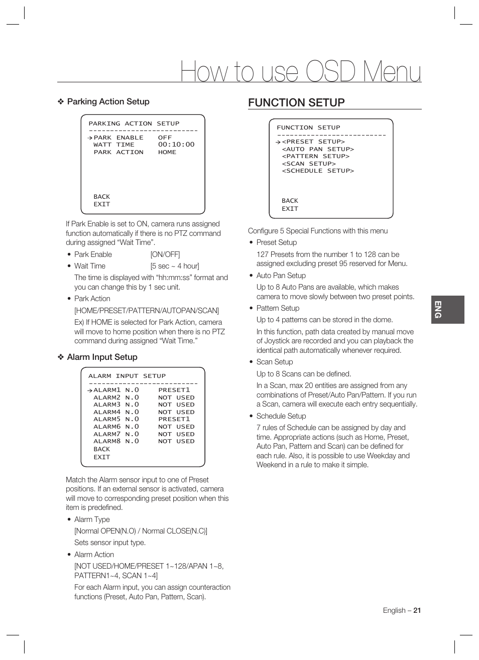 How to use osd menu, Function setup | Samsung SCC-C7478 User Manual | Page 21 / 33