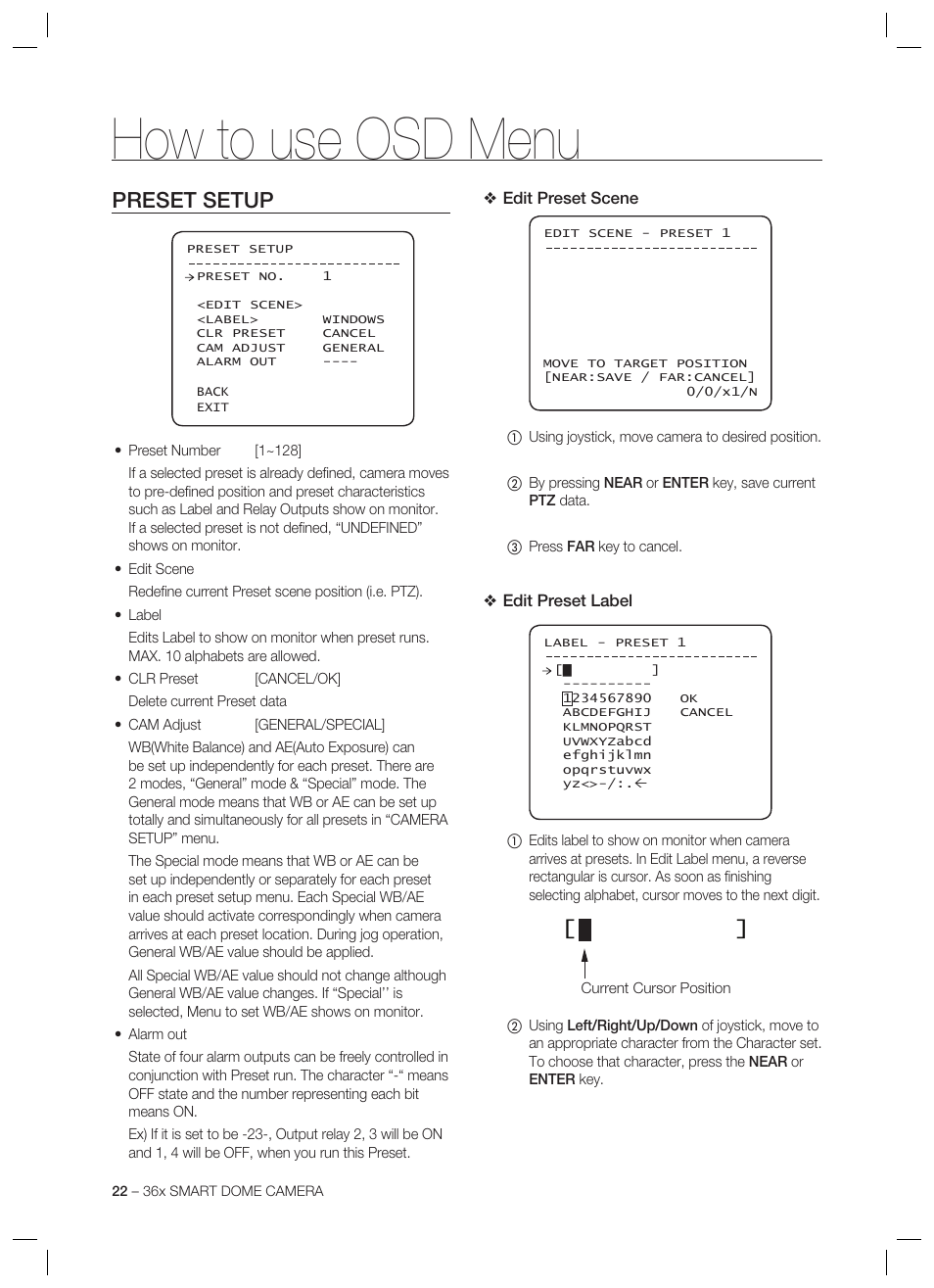 How to use osd menu, Preset setup | Samsung SCC-C7478 User Manual | Page 22 / 33