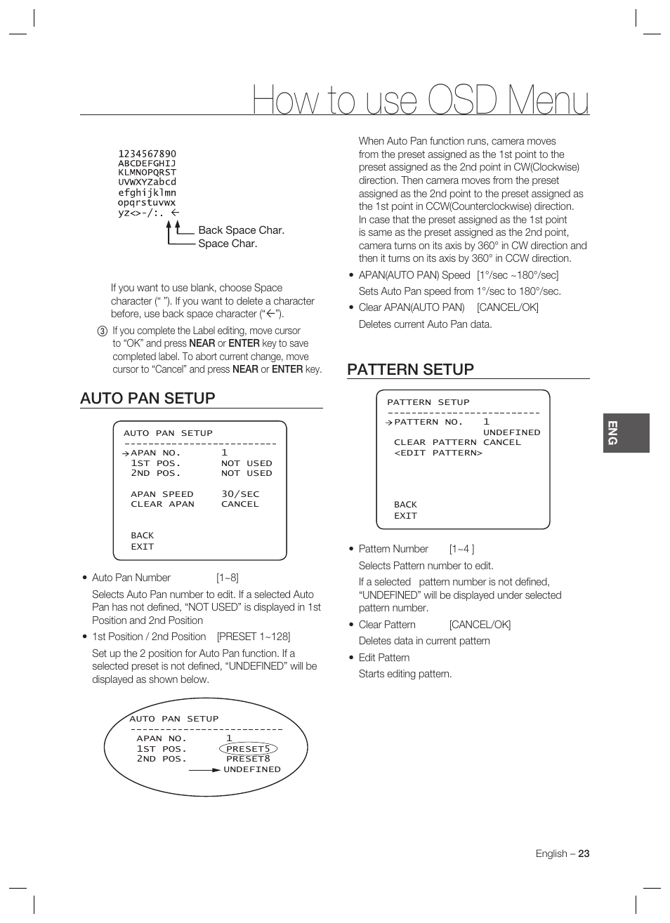 How to use osd menu, Auto pan setup, Pattern setup | Samsung SCC-C7478 User Manual | Page 23 / 33
