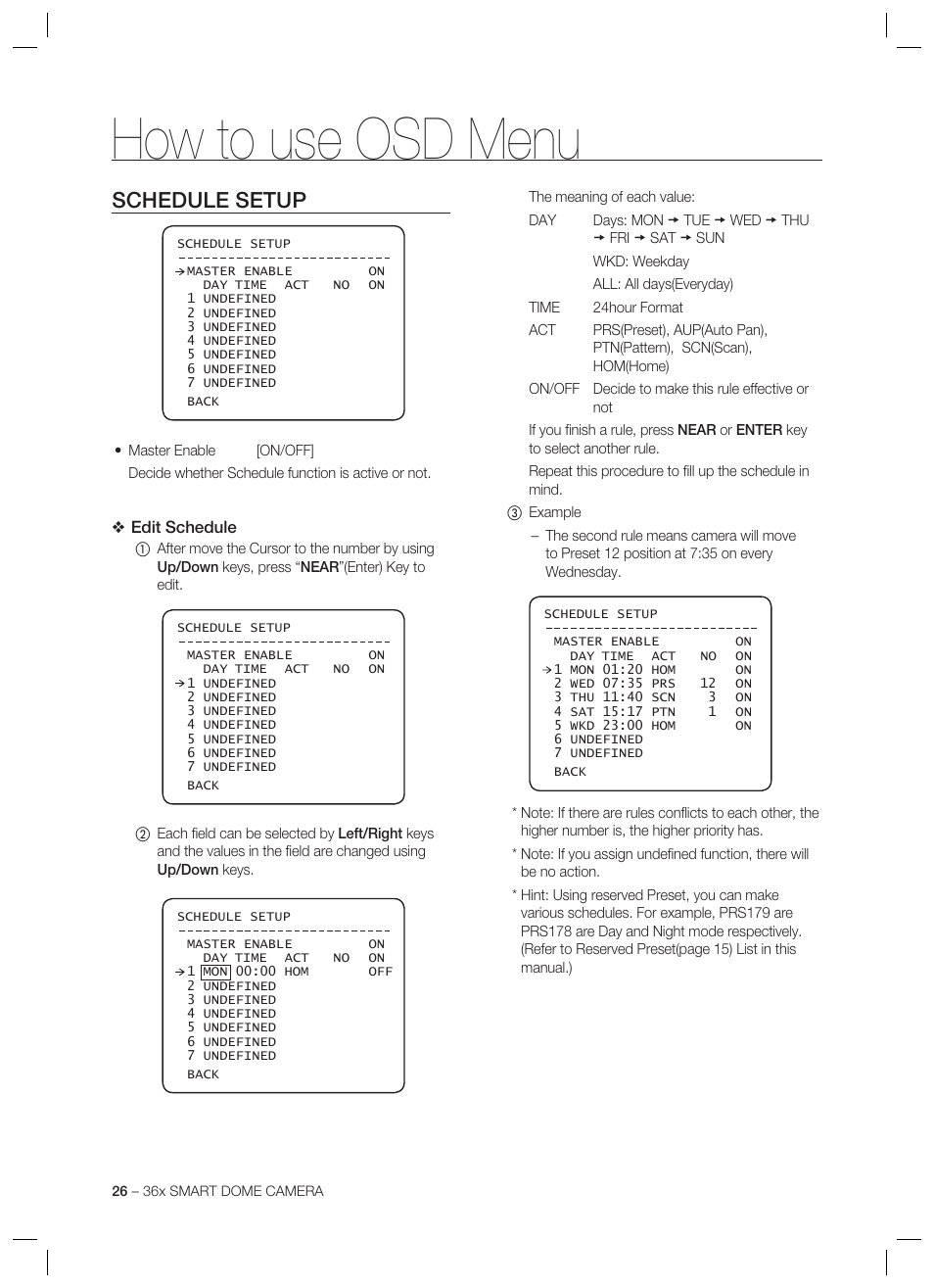 How to use osd menu, Schedule setup | Samsung SCC-C7478 User Manual | Page 26 / 33