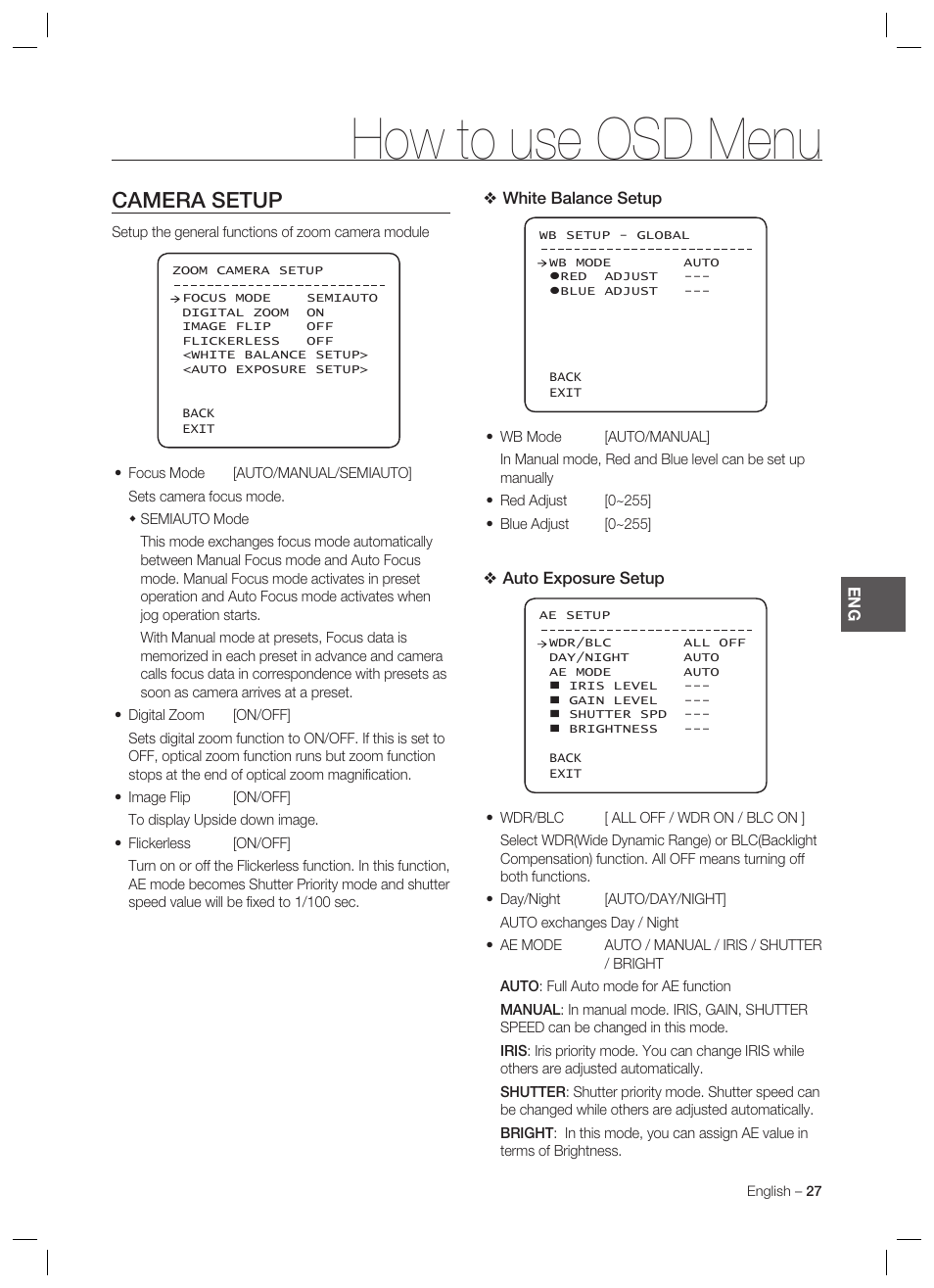 How to use osd menu, Camera setup | Samsung SCC-C7478 User Manual | Page 27 / 33