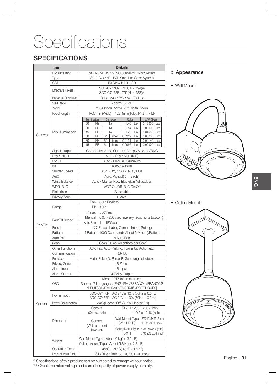 Specifi cations, Specifications, Appearance | Samsung SCC-C7478 User Manual | Page 31 / 33