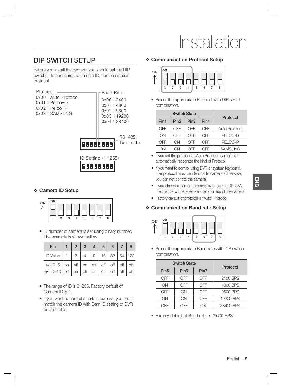 Installation, Dip switch setup | Samsung SCC-C7478 User Manual | Page 9 / 33