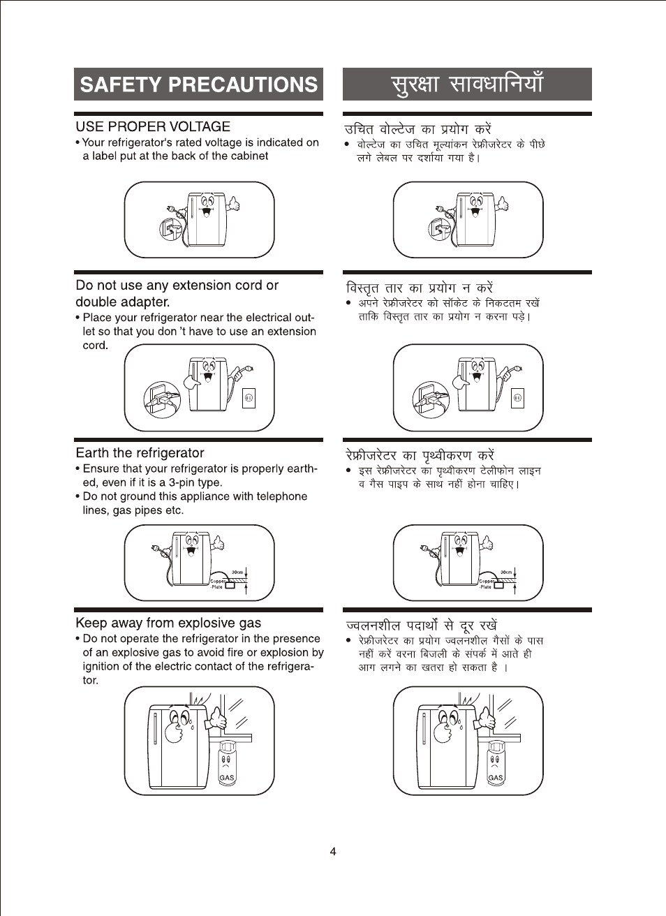 Use proper voltage, Do not use any extension cord or double adapter, Earth the refrigerator | Safety precautions | Samsung RA 18 User Manual | Page 5 / 16