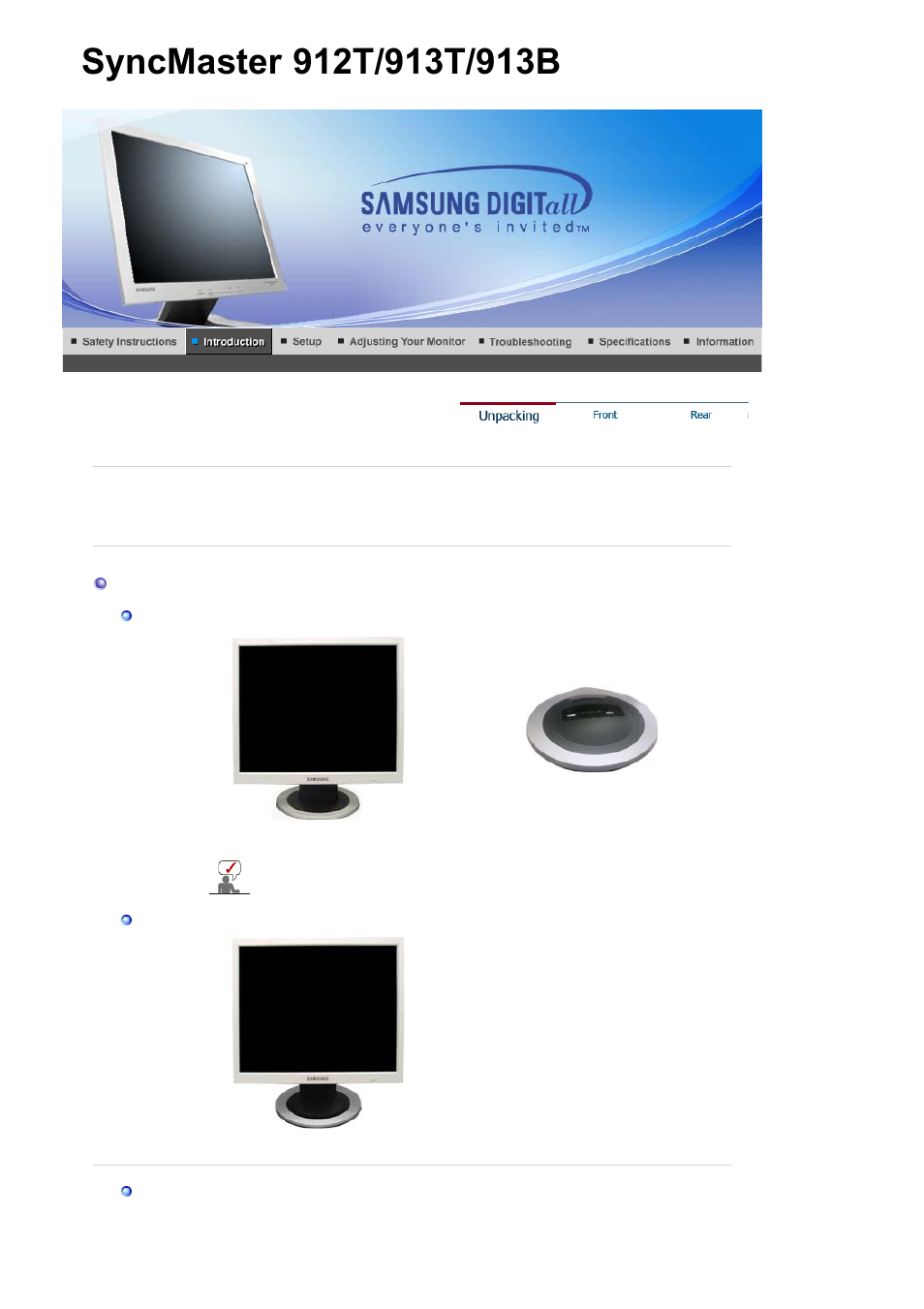 Unpacking, Front | Samsung SYNCMASTER 901B User Manual | Page 13 / 111